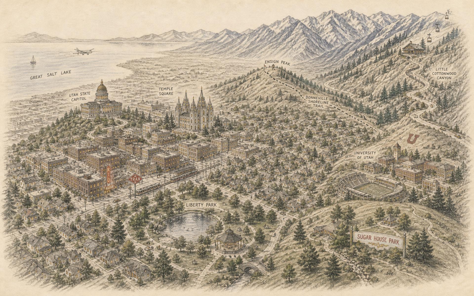 A hand-drawn map of the Salt Lake valley: Temple Square and the State Capitol above a brick downtown, the Great Salt Lake in the distance, Liberty Park and Sugar House Park below, the University and the block U on the foothills, and a canyon road climbing to a ski lodge under the Wasatch
